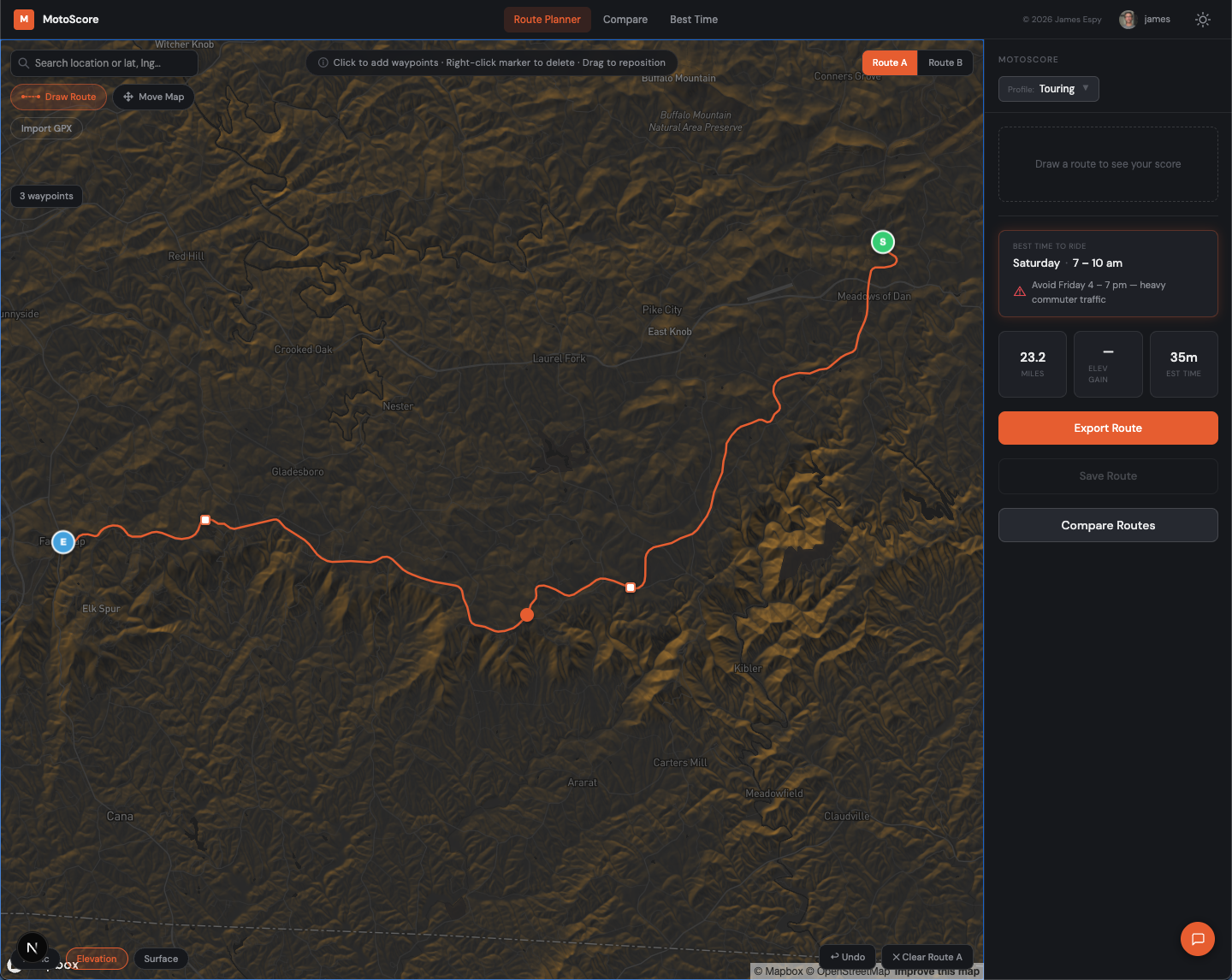 MotoScore planner with the Blue Ridge Parkway demo route loaded