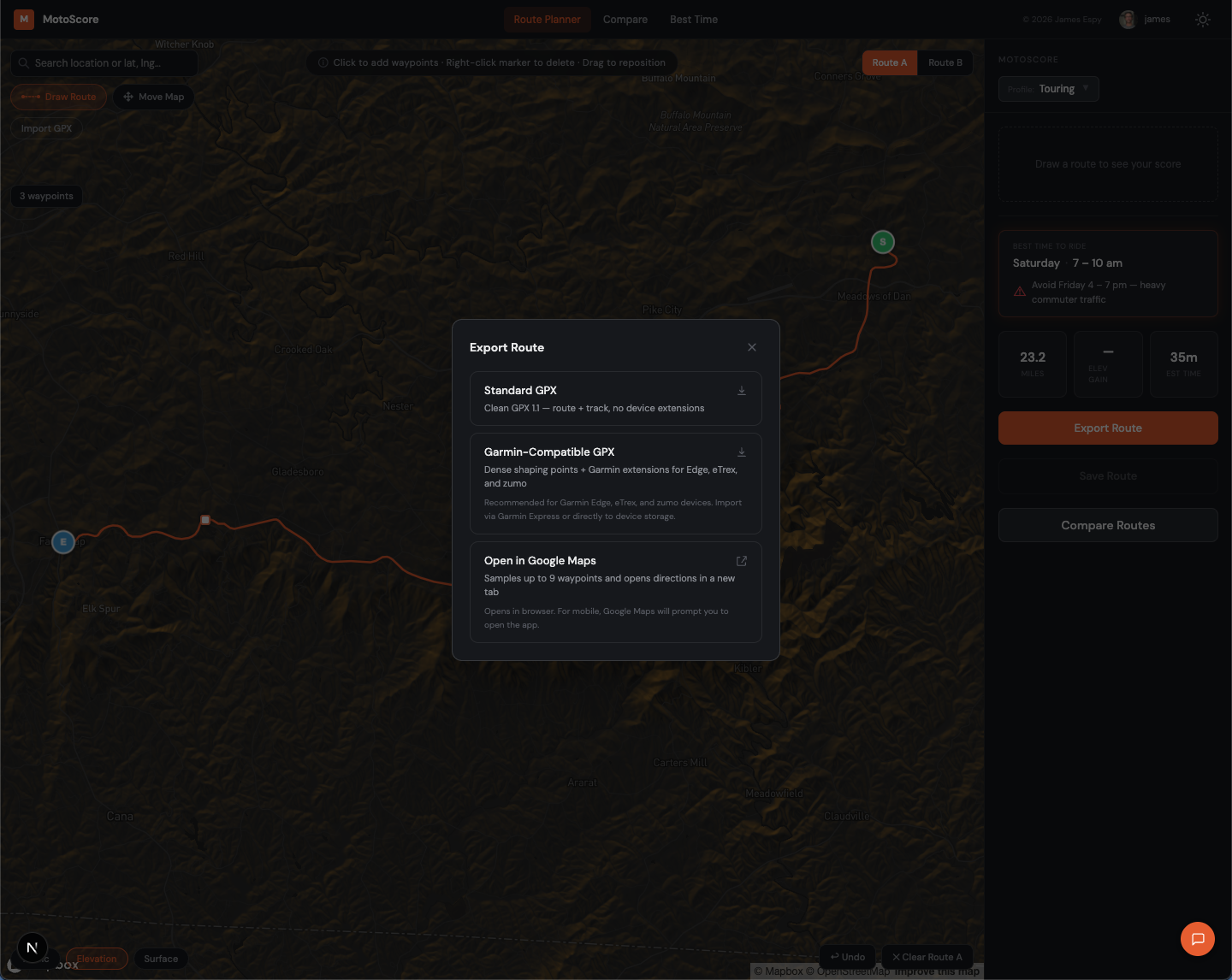 Export Route modal showing all three export options