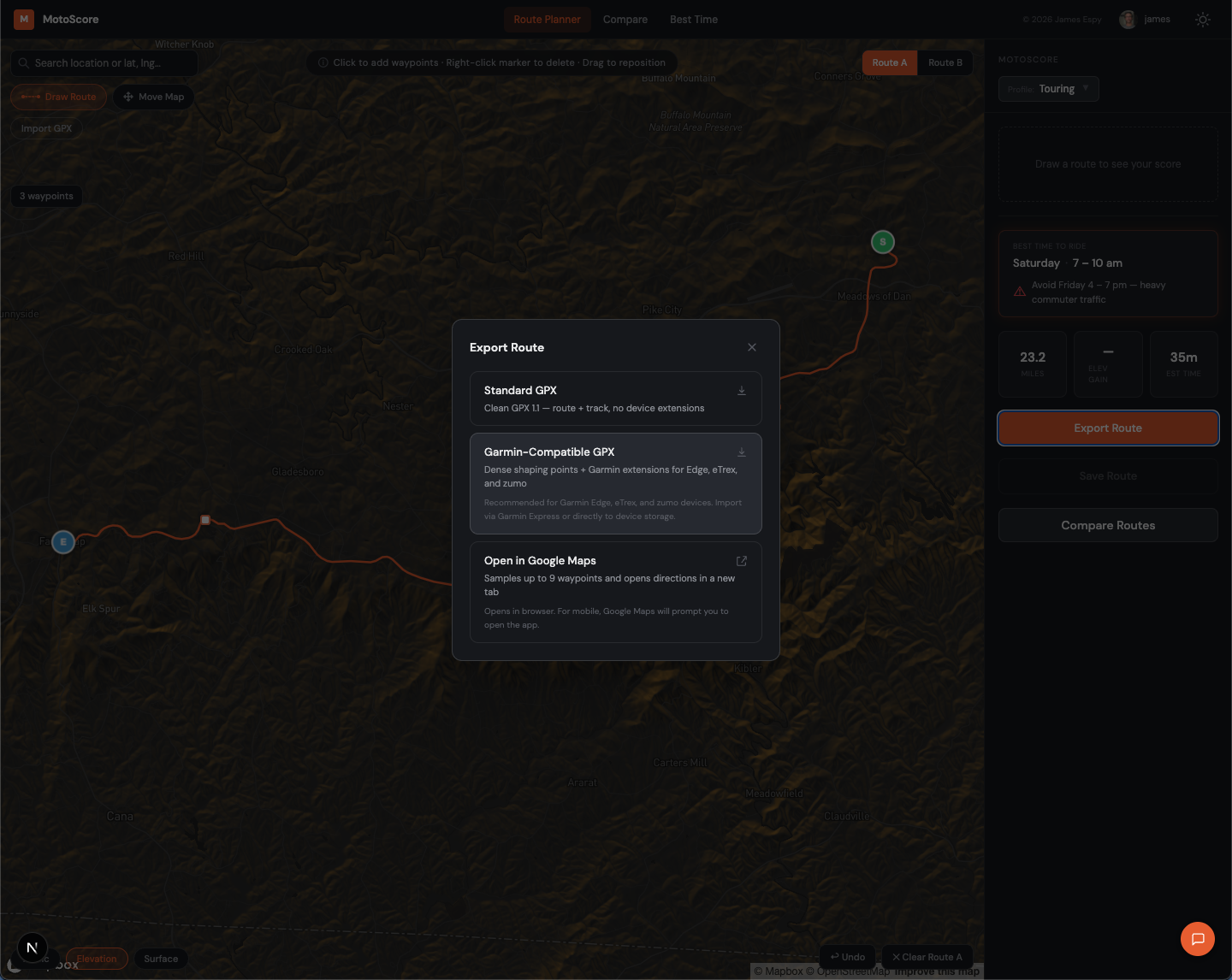 Garmin-Compatible GPX option highlighted in the export modal