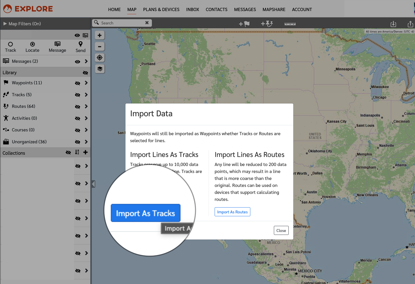 Garmin Explore Import Data modal with Import As Tracks and Import As Routes options