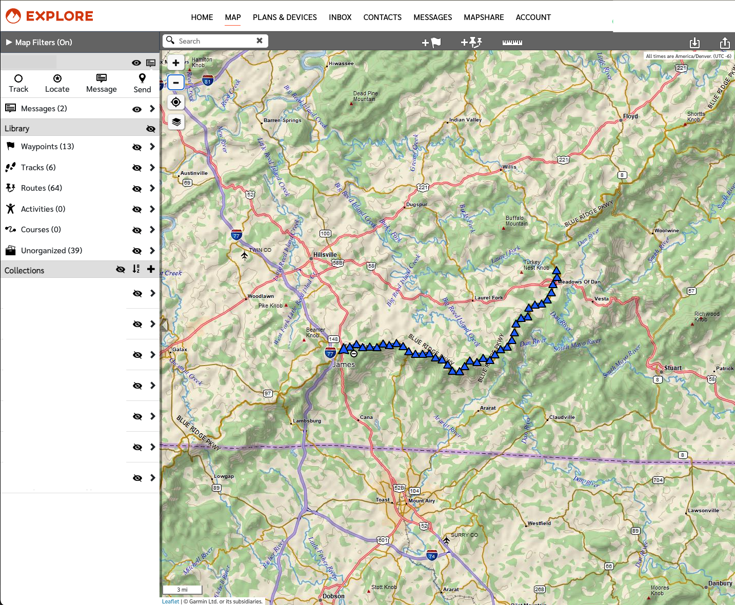 Imported track visible on the Garmin Explore map view
