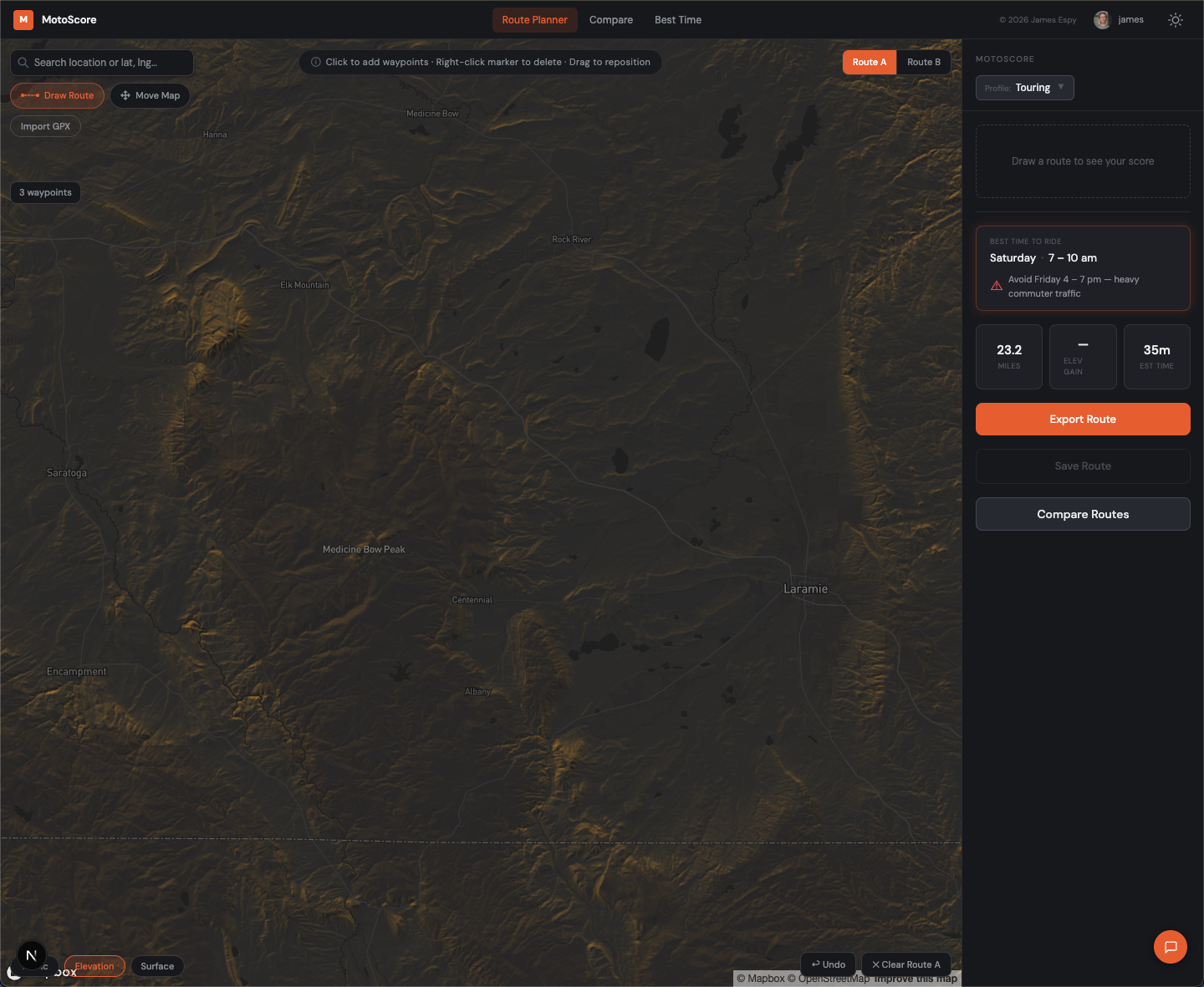 Empty map with Draw Route mode active in the top-left toolbar
