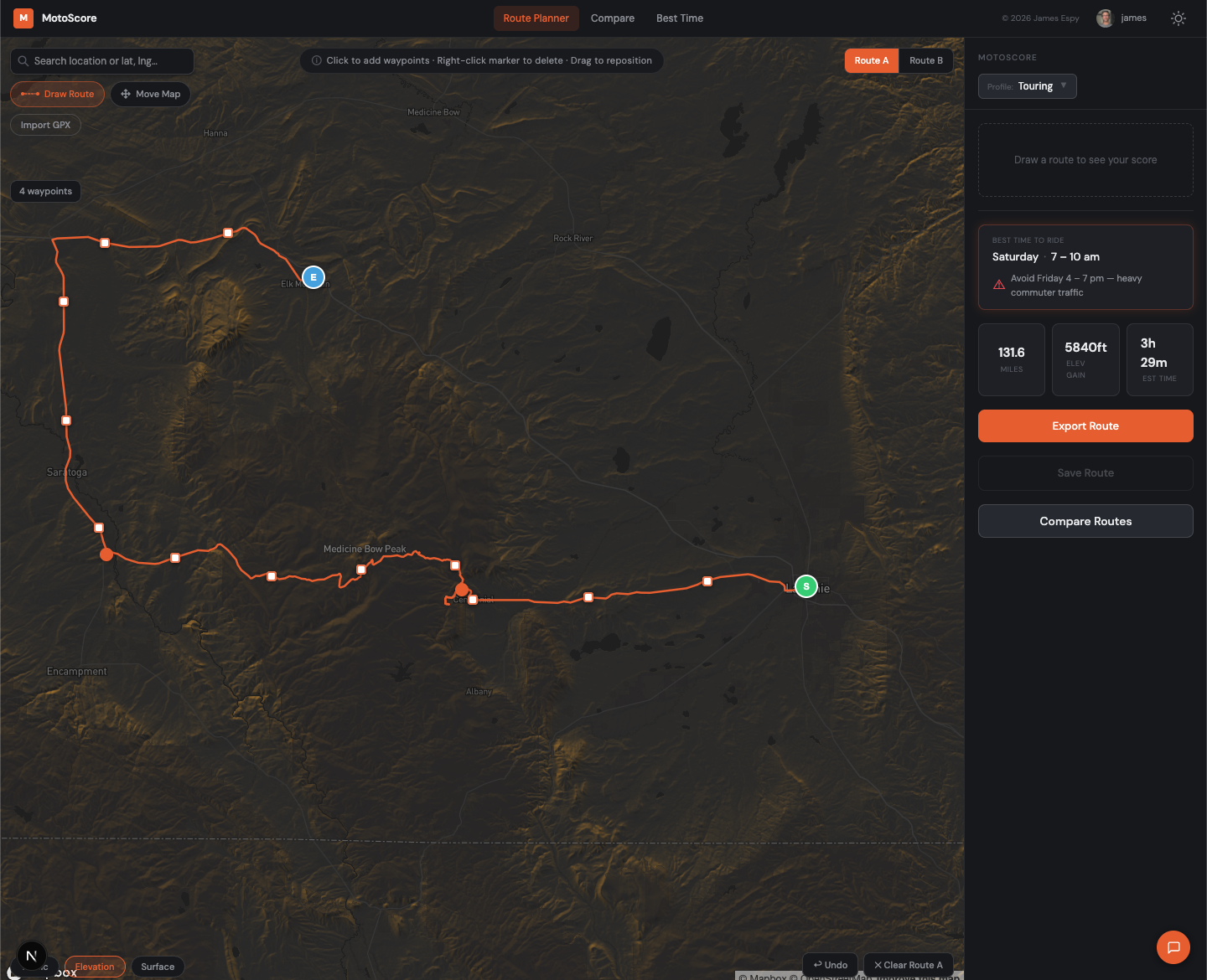 Route partially drawn with several waypoints placed