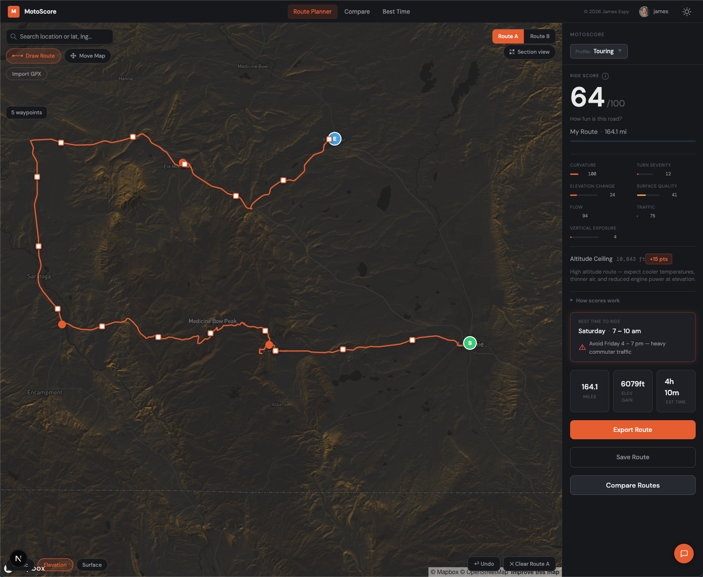 Completed route with fun score and factor breakdown in the right panel