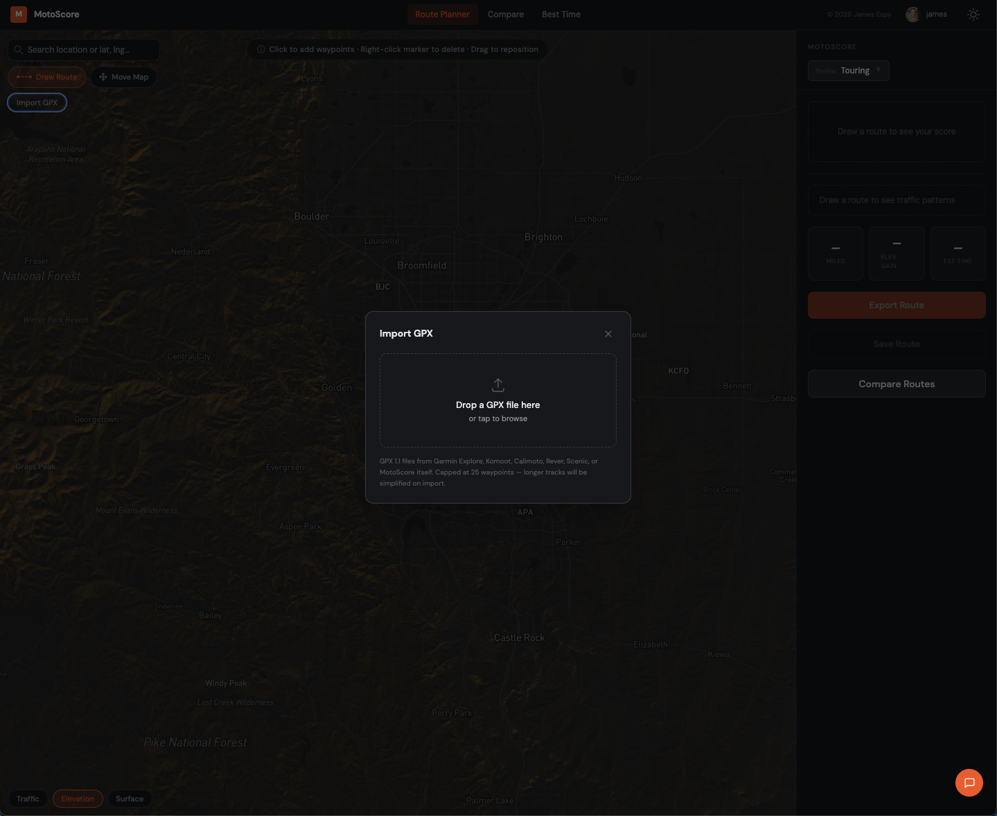 Import GPX modal open