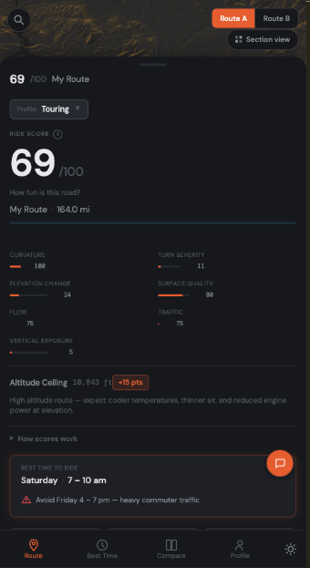 Mobile view with the bottom sheet expanded showing the full score breakdown
